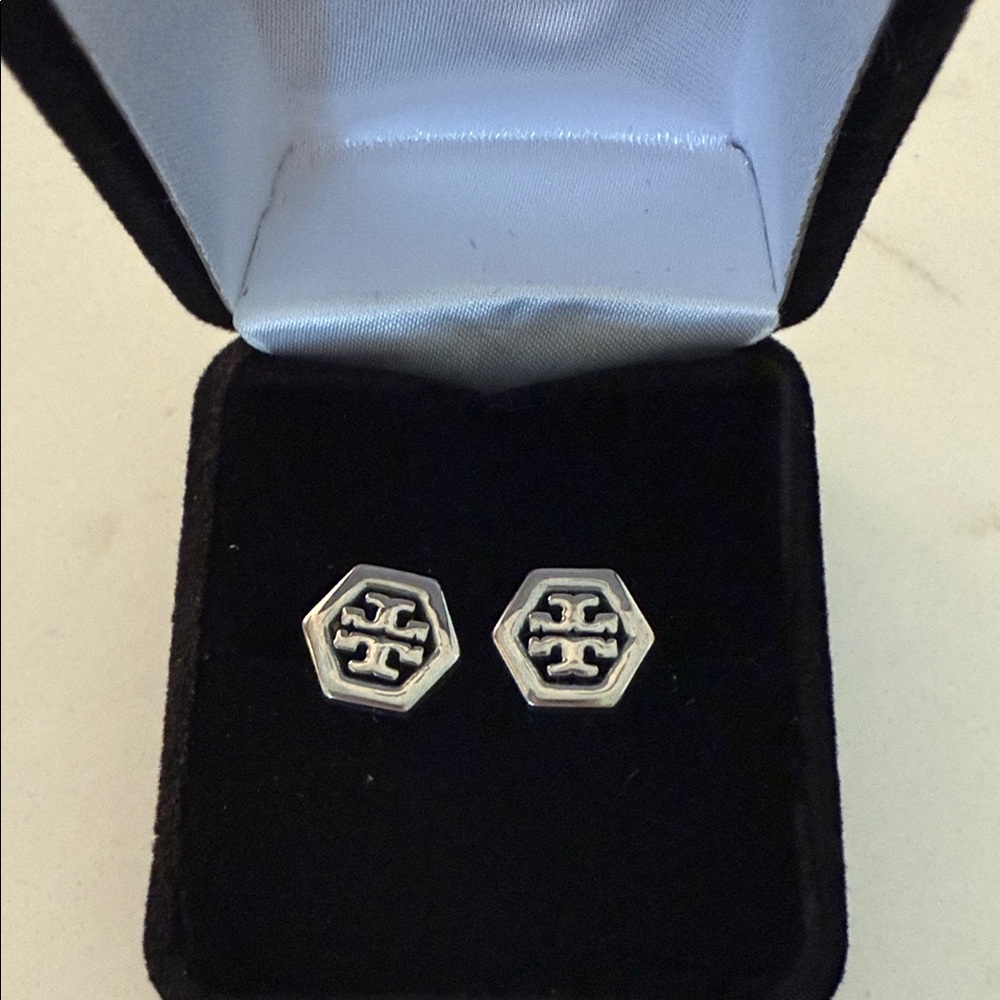 Tory Burch Silver Hexagon Stud Earrings